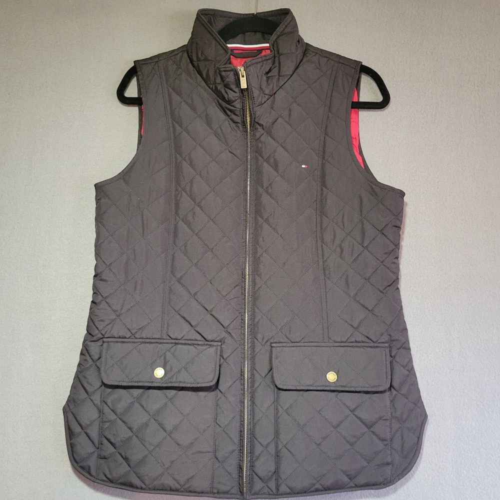 Tommy Hilfiger Womens Quilted Vest Black Red Lining Gold Zip Mock Neck Size M